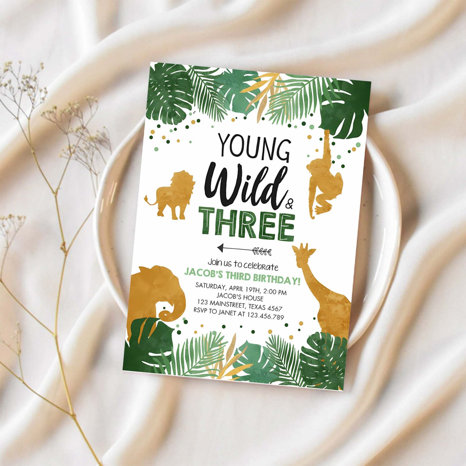 Editable young wild and three birthday invitation safari animals party jungle zoo animals boy gold download printable corjl template 0016 1