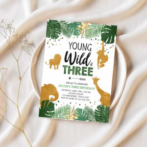 Editable young wild and three birthday invitation safari animals party jungle zoo animals boy gold download printable corjl template 0016 1
