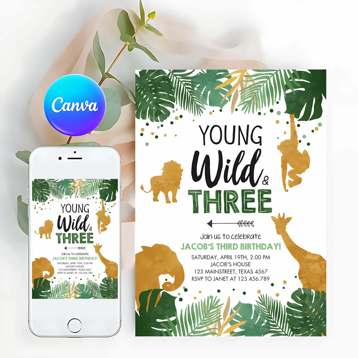 Editable young wild and three birthday invitation safari animals party jungle zoo animals boy gold download printable corjl template 0016