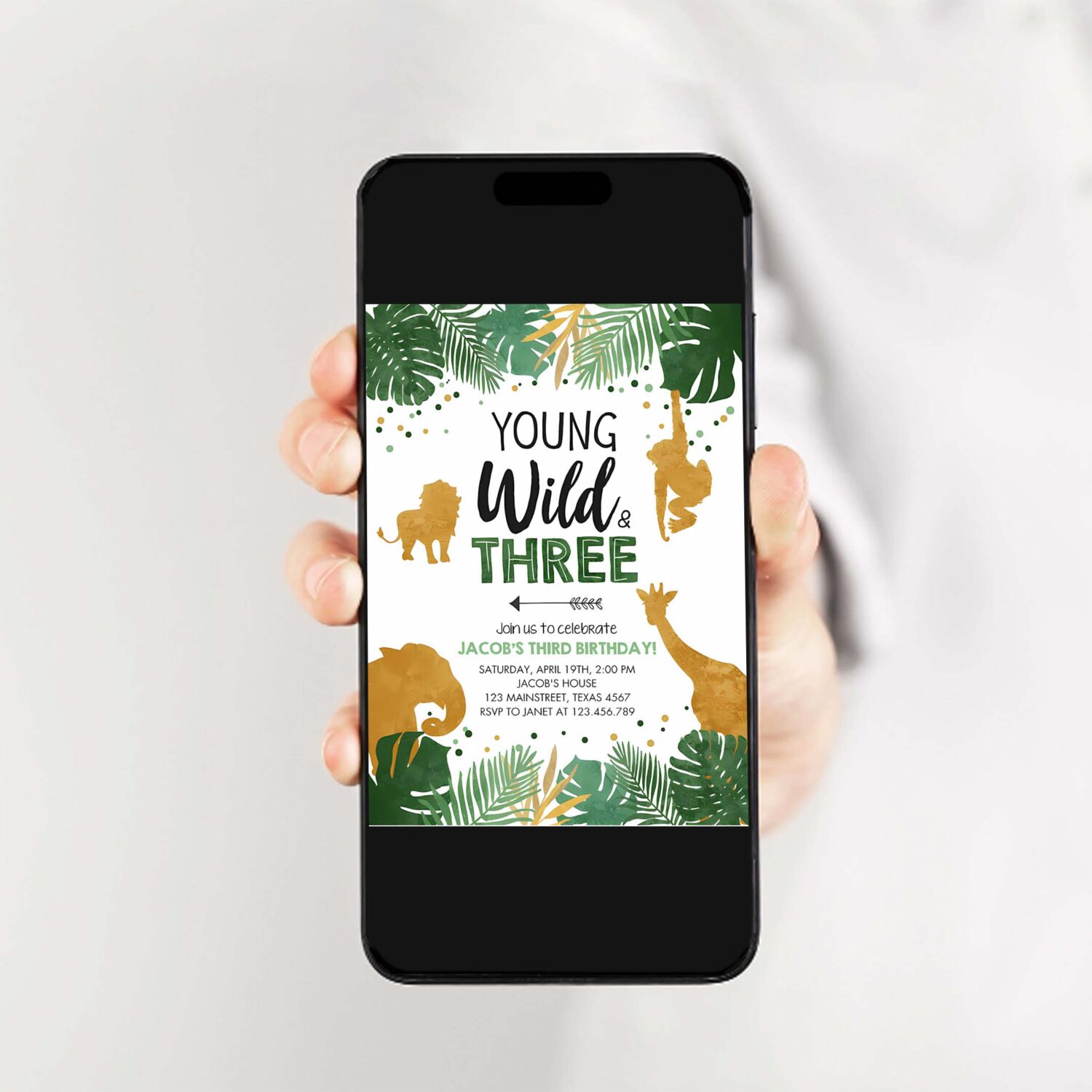 Editable young wild and three birthday invitation safari animals party jungle zoo animals boy gold download printable corjl template 0016 2