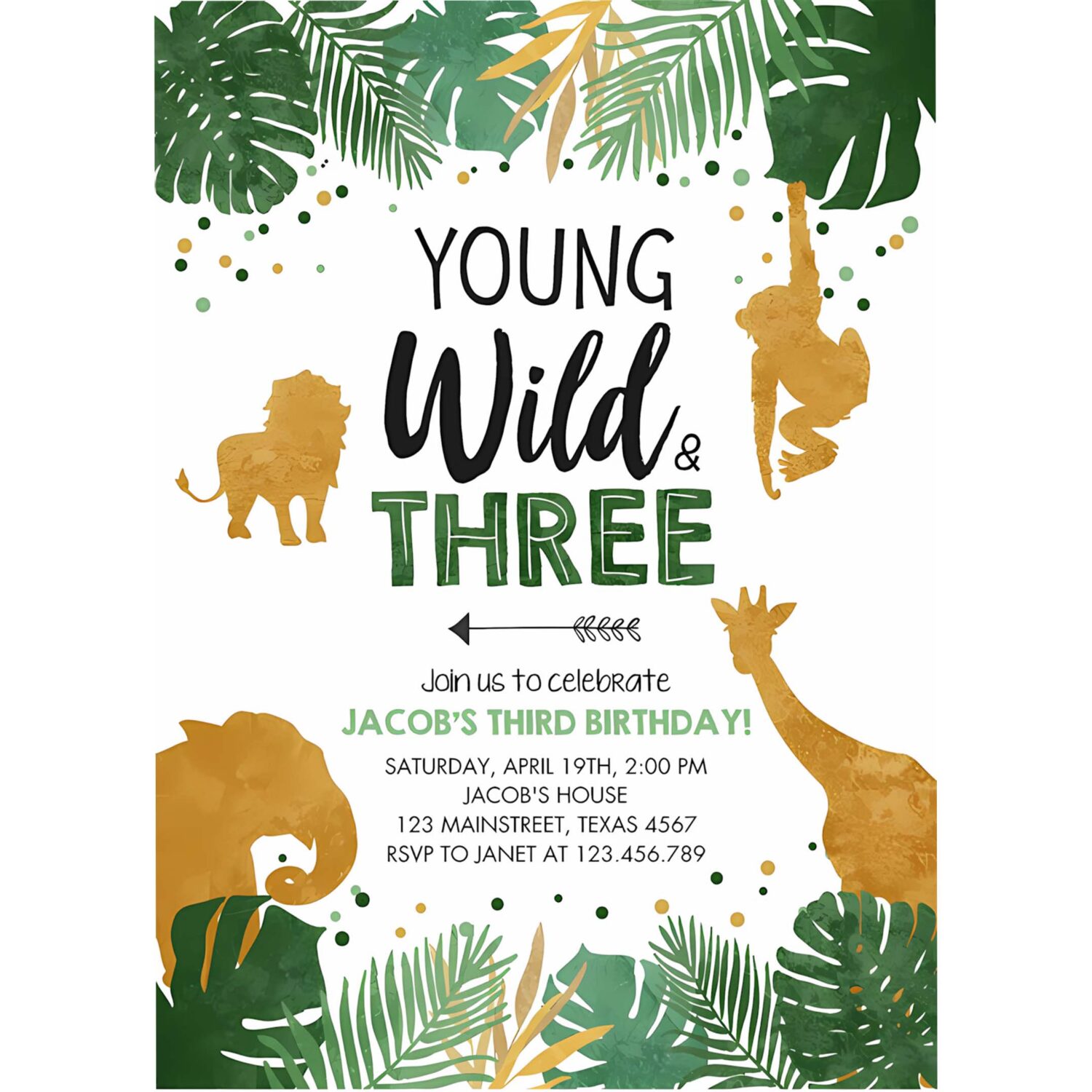 Editable young wild and three birthday invitation safari animals party jungle zoo animals boy gold download printable corjl template 0016 4