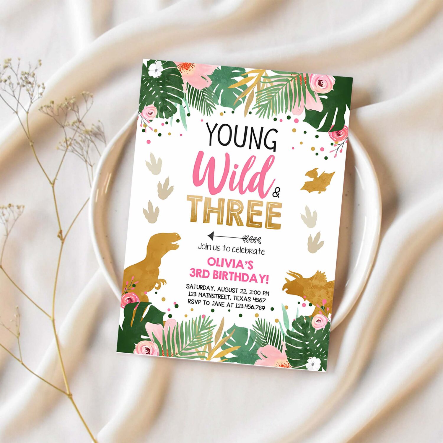Editable young wild and three dinosaur birthday invitation dinosaur party girl pink gold third birthday 3rd corjl template digital 0146 1