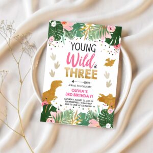 Editable young wild and three dinosaur birthday invitation dinosaur party girl pink gold third birthday 3rd corjl template digital 0146 1