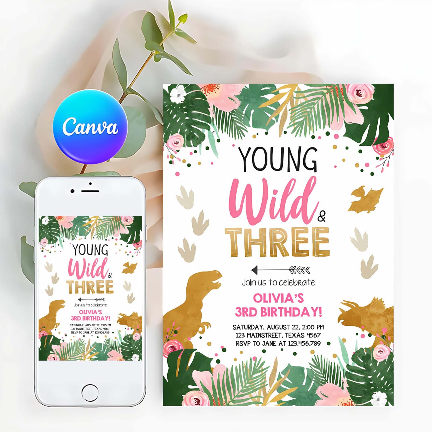 Editable young wild and three dinosaur birthday invitation dinosaur party girl pink gold third birthday 3rd corjl template digital 0146