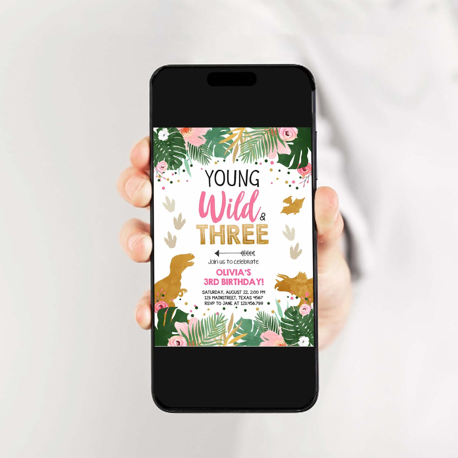 Editable young wild and three dinosaur birthday invitation dinosaur party girl pink gold third birthday 3rd corjl template digital 0146 2