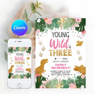 Young Wild And Three Invitation, Young Wild and Three Dinosaur Birthday Invitation