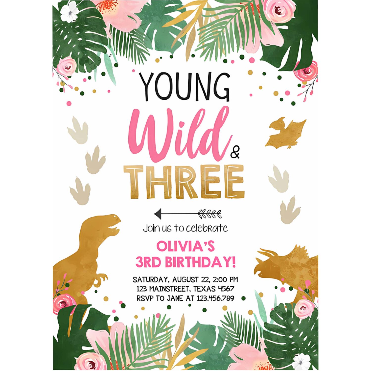 Editable young wild and three dinosaur birthday invitation dinosaur party girl pink gold third birthday 3rd corjl template digital 0146 4