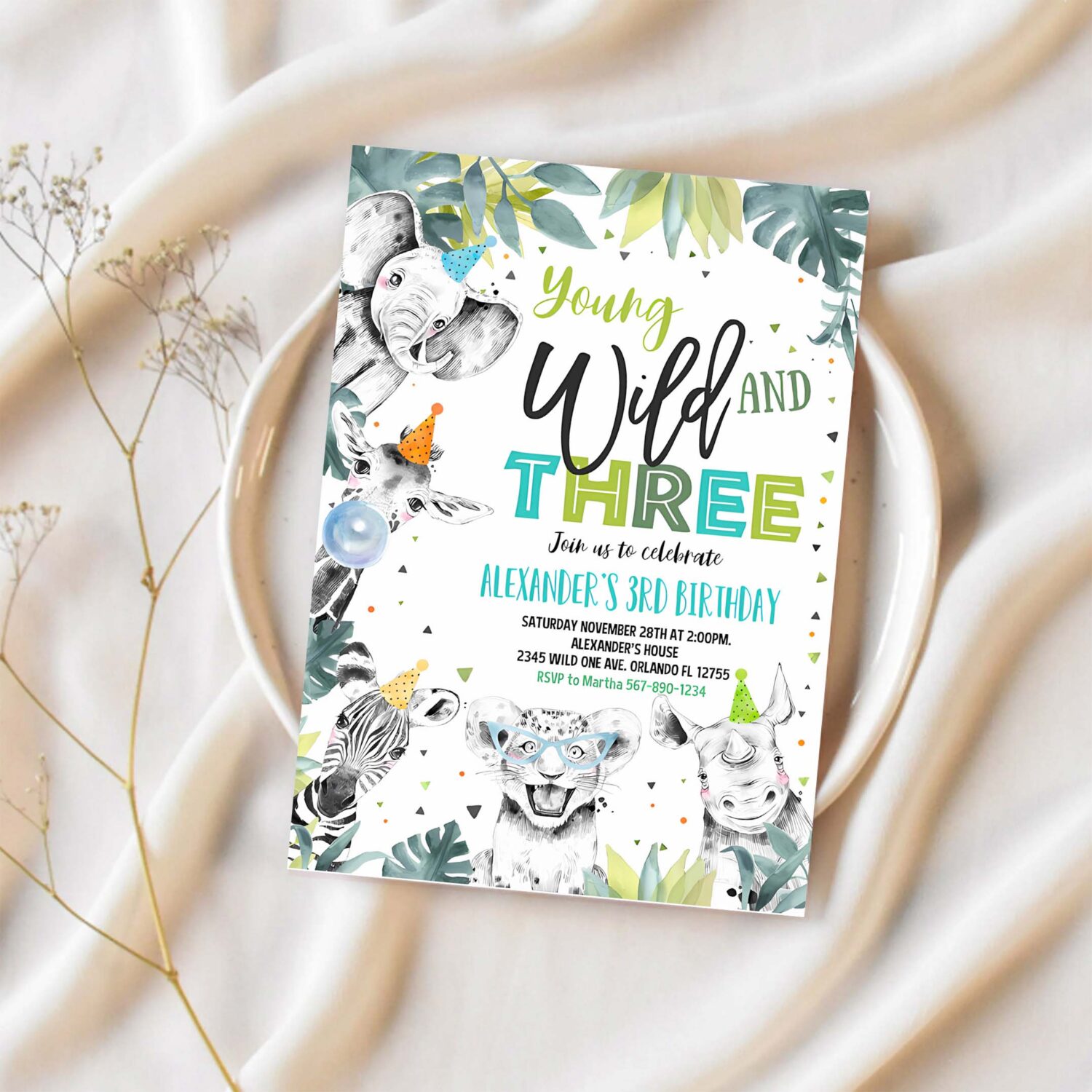 Editable young wild and three invitation boy safari animals zoo invite jungle party animals instant download printable template 1
