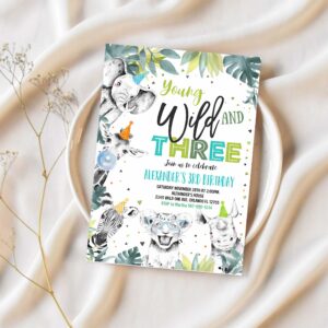 Editable young wild and three invitation boy safari animals zoo invite jungle party animals instant download printable template 1