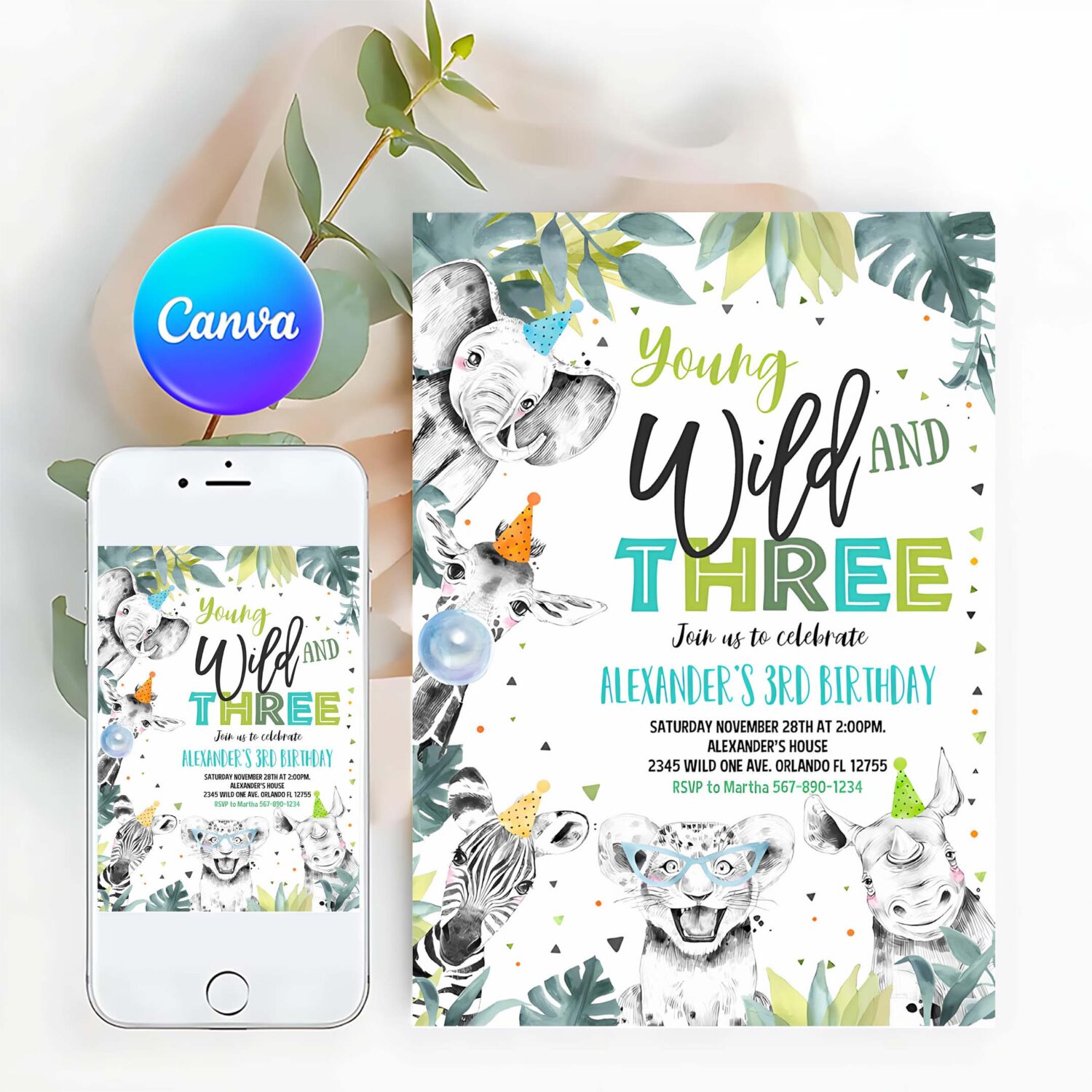 Editable young wild and three invitation boy safari animals zoo invite jungle party animals instant download printable template