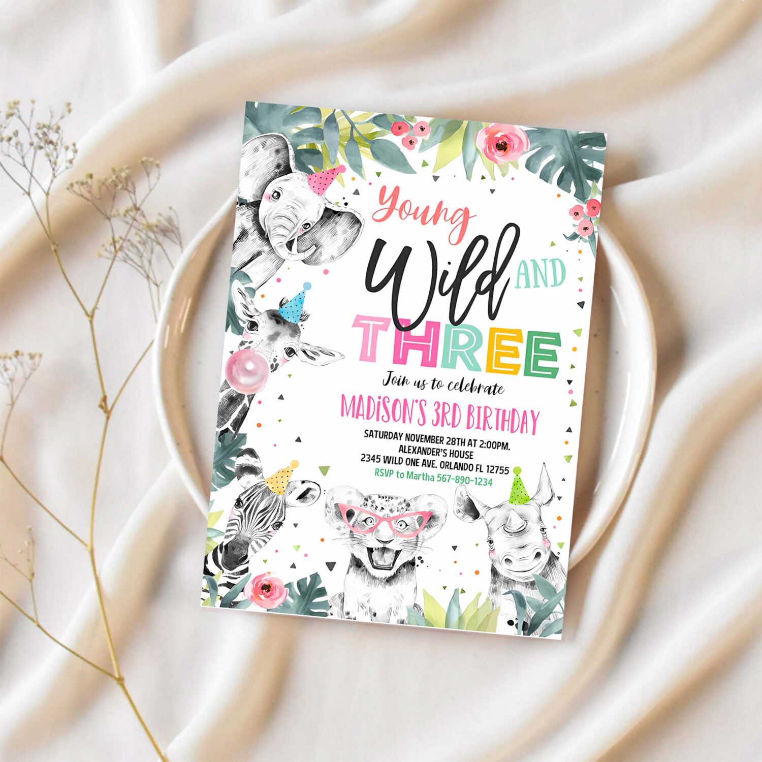 Editable young wild and three invitation girl pink and gold safari animals zoo instant download printable template 1