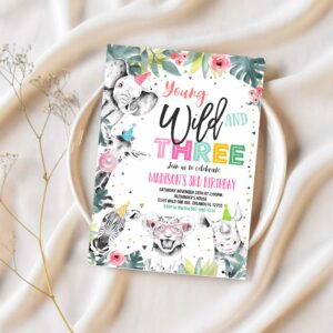 Editable young wild and three invitation girl pink and gold safari animals zoo instant download printable template 1
