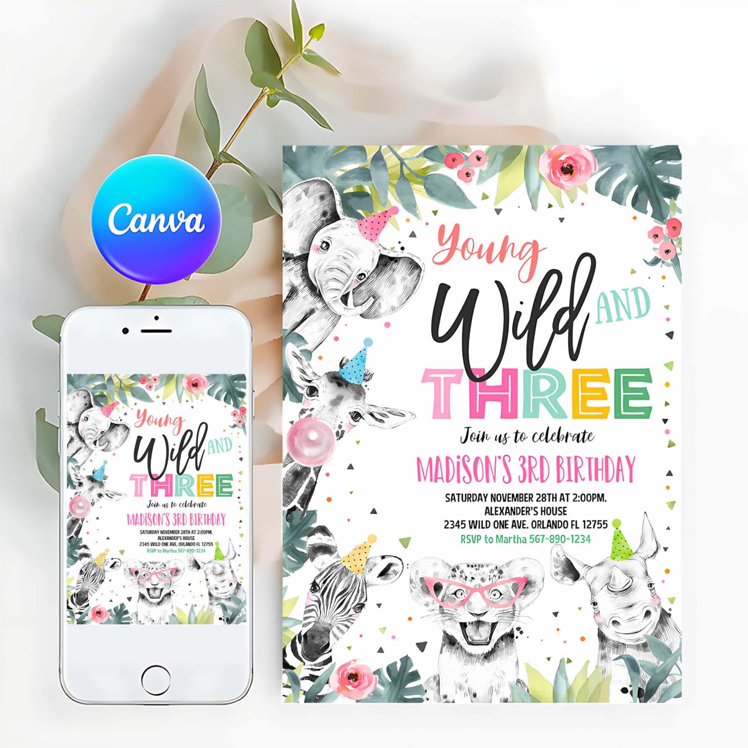 Editable young wild and three invitation girl pink and gold safari animals zoo instant download printable template