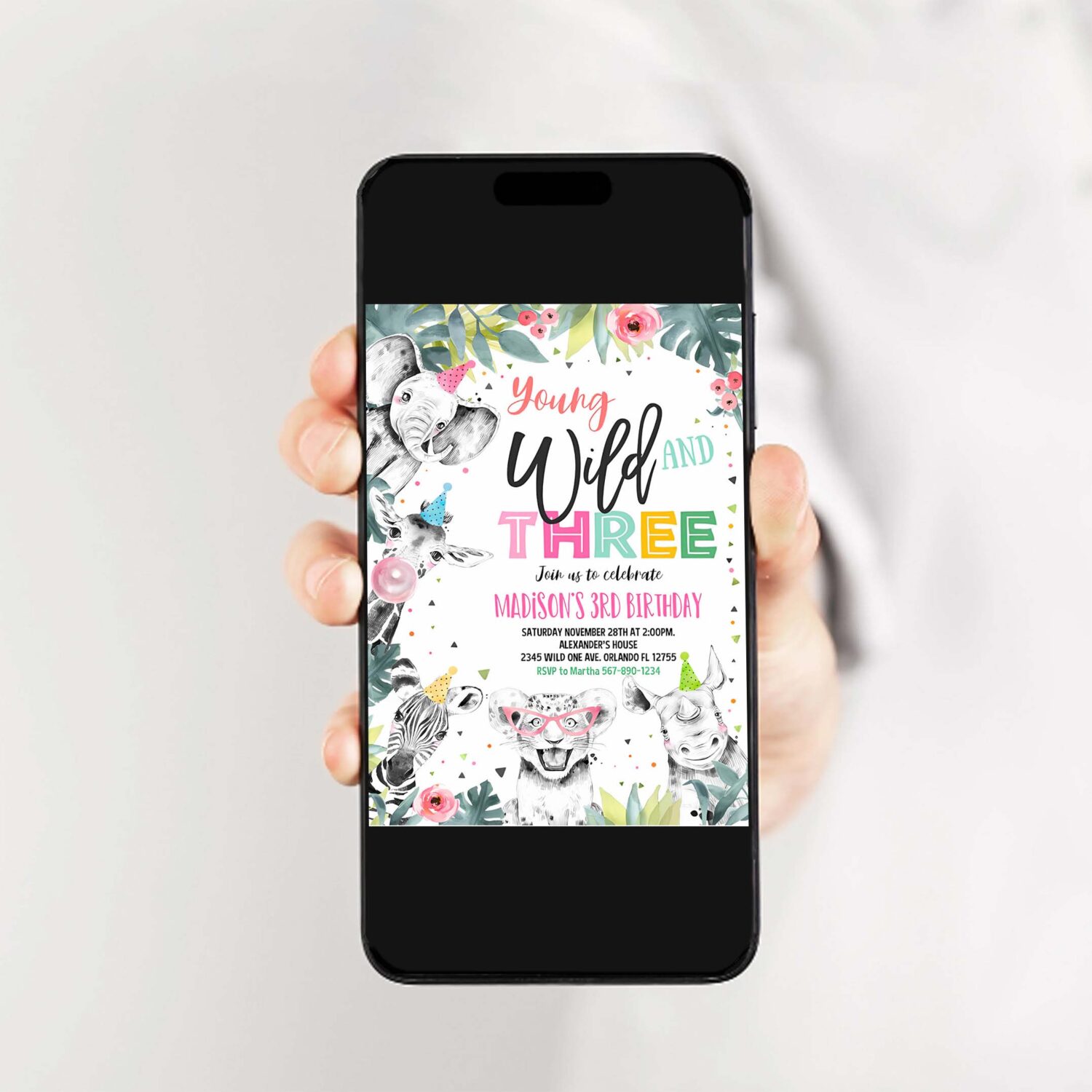 Editable young wild and three invitation girl pink and gold safari animals zoo instant download printable template 2