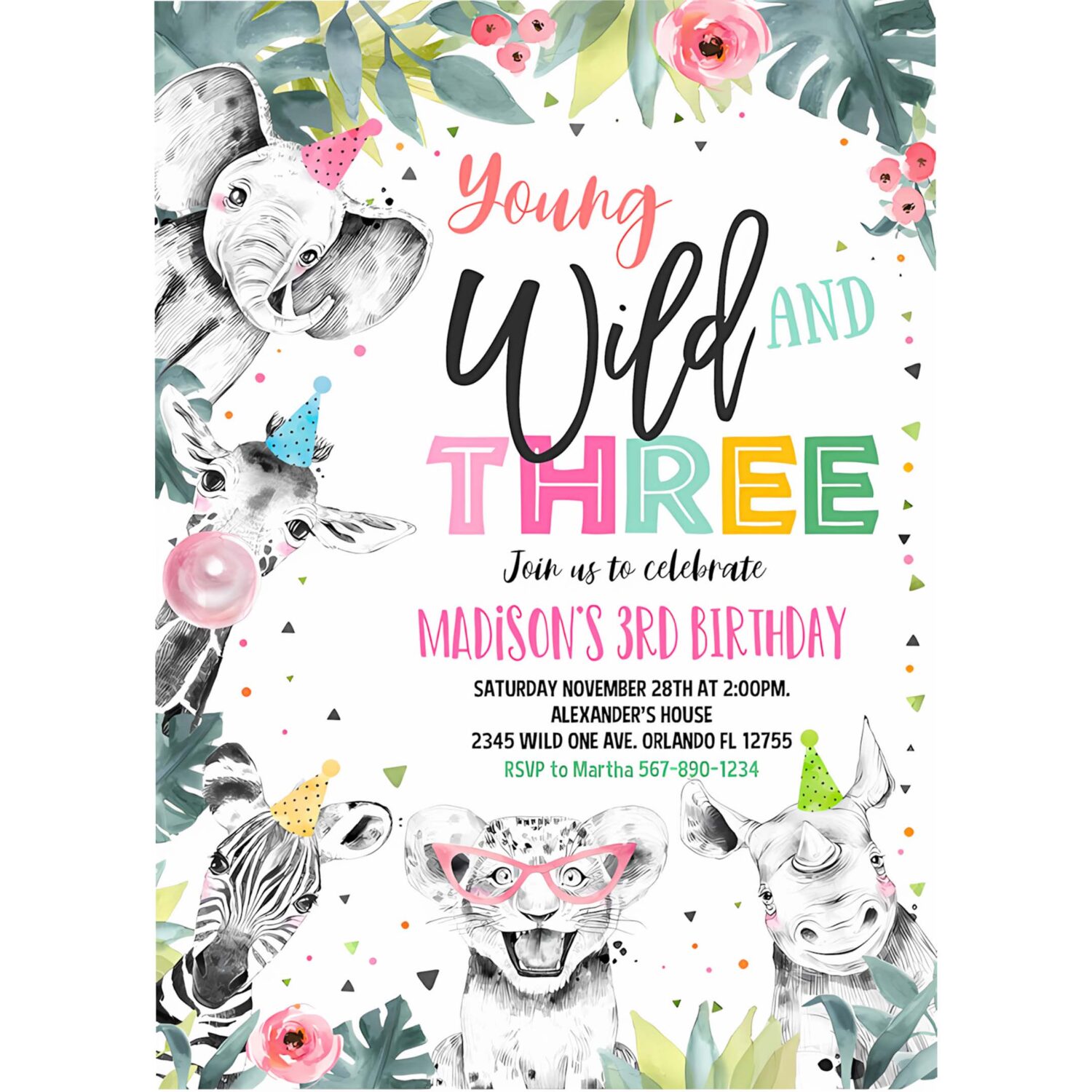 Editable young wild and three invitation girl pink and gold safari animals zoo instant download printable template 4