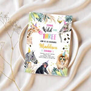 Editable young wild and three invitation girl pink and gold safari animals zoo instant download printable template digital corjl 0417 1