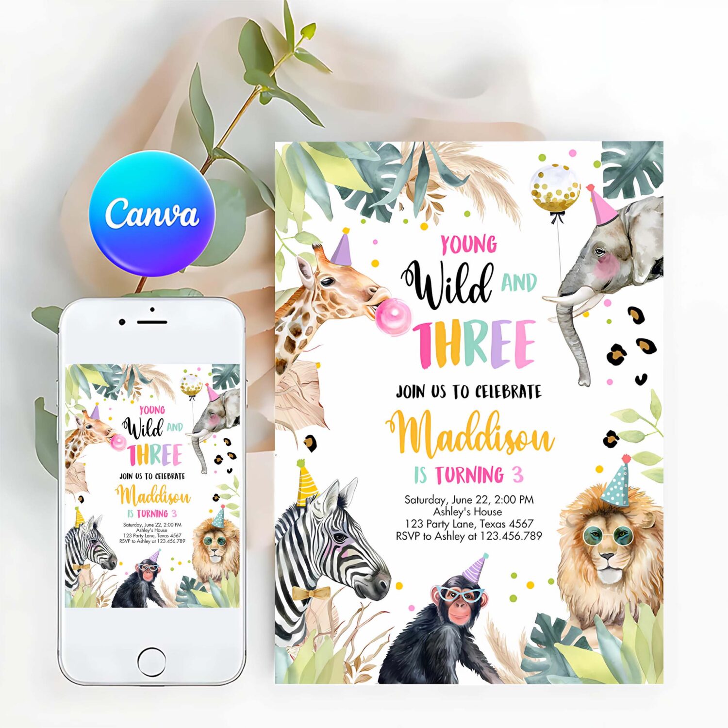 Editable young wild and three invitation girl pink and gold safari animals zoo instant download printable template digital corjl 0417