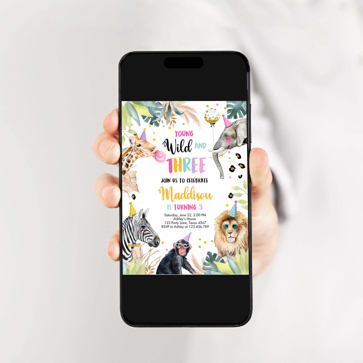 Editable young wild and three invitation girl pink and gold safari animals zoo instant download printable template digital corjl 0417 2
