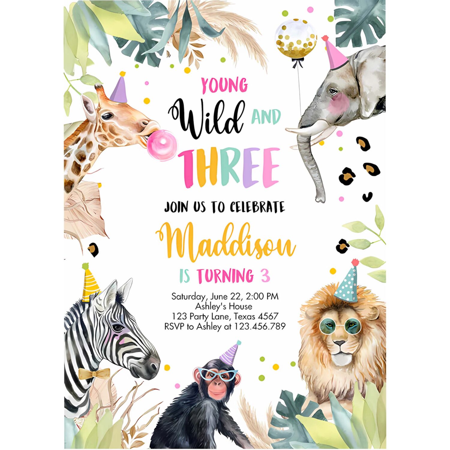Editable young wild and three invitation girl pink and gold safari animals zoo instant download printable template digital corjl 0417 4