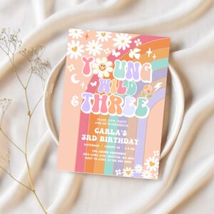 Editable young wild and three invite daisy rainbow groovy 3rd birthday invite hippie retro birthday invitation 1