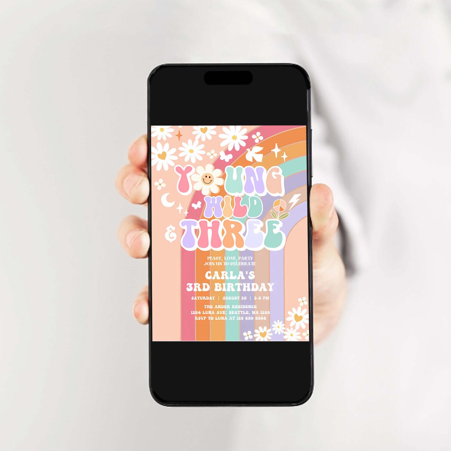 Editable young wild and three invite daisy rainbow groovy 3rd birthday invite hippie retro birthday invitation 2
