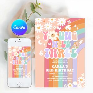 Groovy Invitation, Young Wild and Three Invitation Daisy Rainbow Groovy 3rd Birthday Invitation