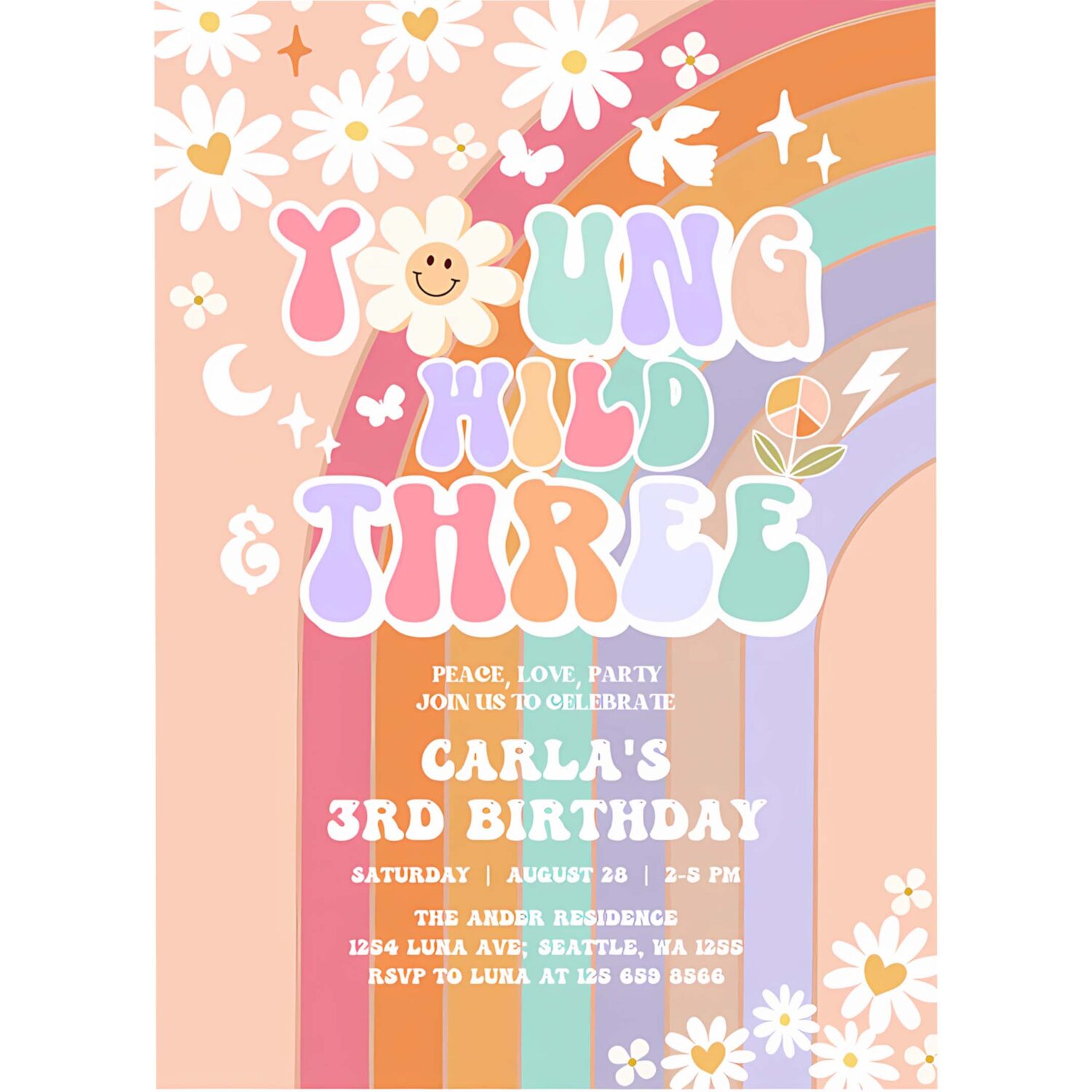 Editable young wild and three invite daisy rainbow groovy 3rd birthday invite hippie retro birthday invitation 4