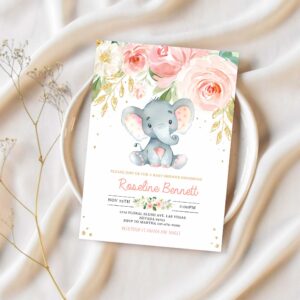 Elephant baby shower invitation girl editable pink and gold shower invitations jungle safari shower invite floral flower 1