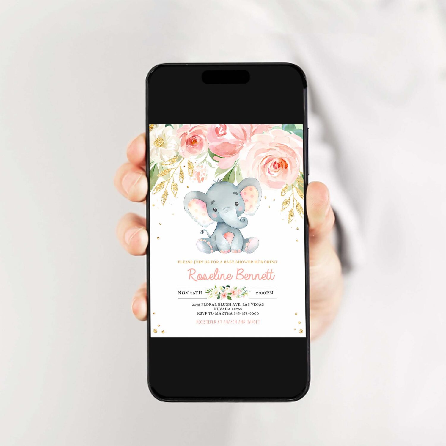 Elephant baby shower invitation girl editable pink and gold shower invitations jungle safari shower invite floral flower 2