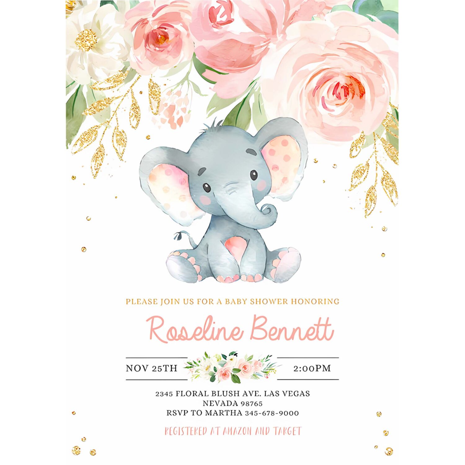 Elephant baby shower invitation girl editable pink and gold shower invitations jungle safari shower invite floral flower 4