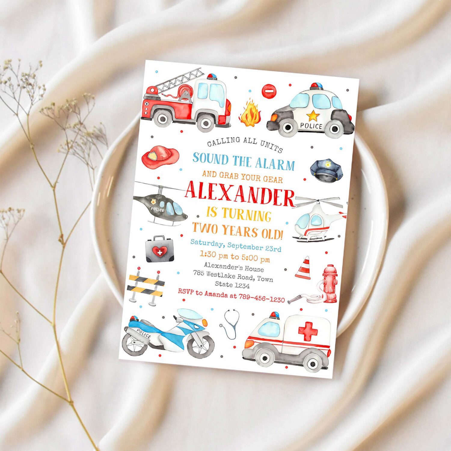 Emergency vehicles birthday boy invitation first responders invitation boy emergency vehicles invitation 1