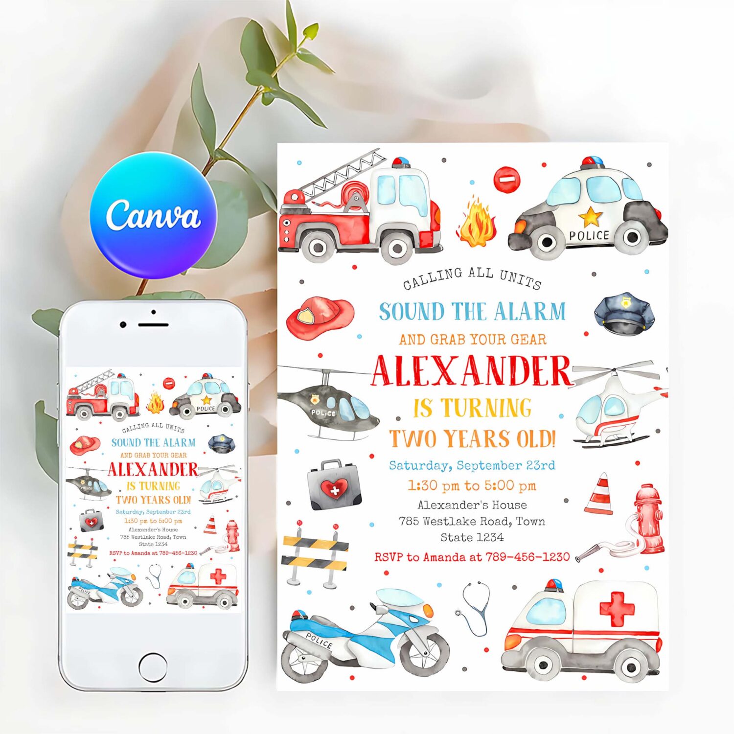 Emergency vehicles birthday boy invitation first responders invitation boy emergency vehicles invitation