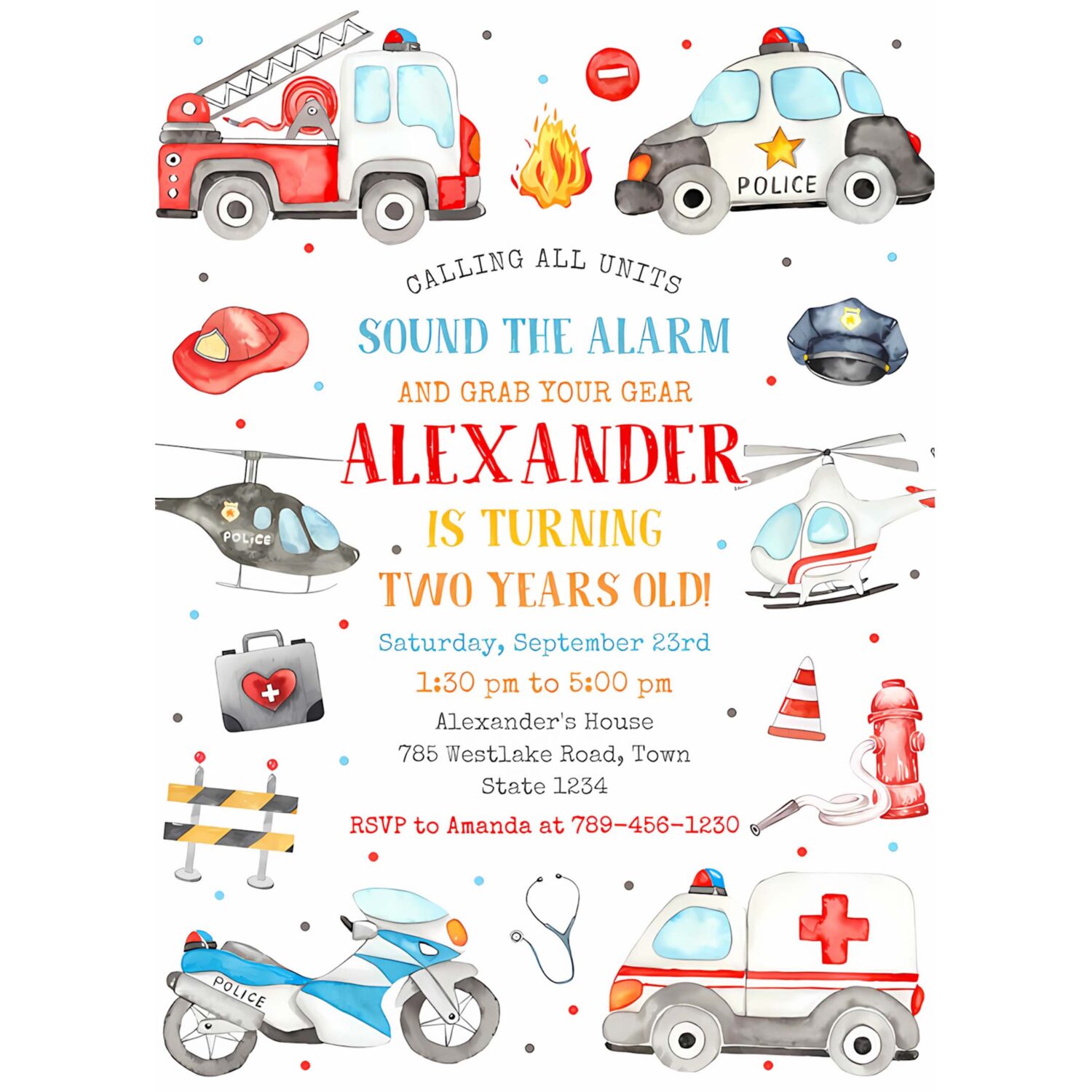 Emergency vehicles birthday boy invitation first responders invitation boy emergency vehicles invitation 4