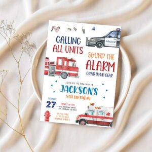 Emergency vehicles birthday invitation editable first responders party police officer firefighter boy invite calling all units 1
