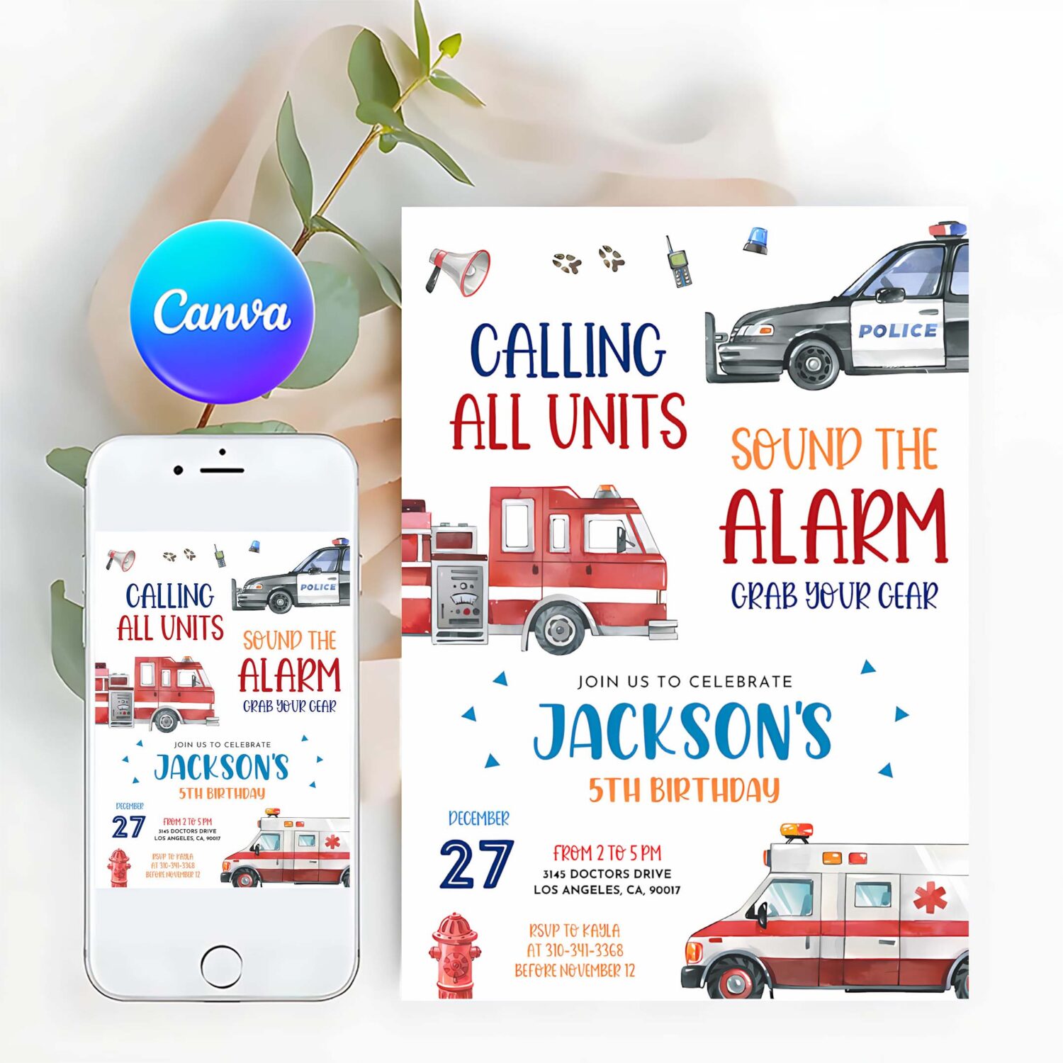 Emergency vehicles birthday invitation editable first responders party police officer firefighter boy invite calling all units