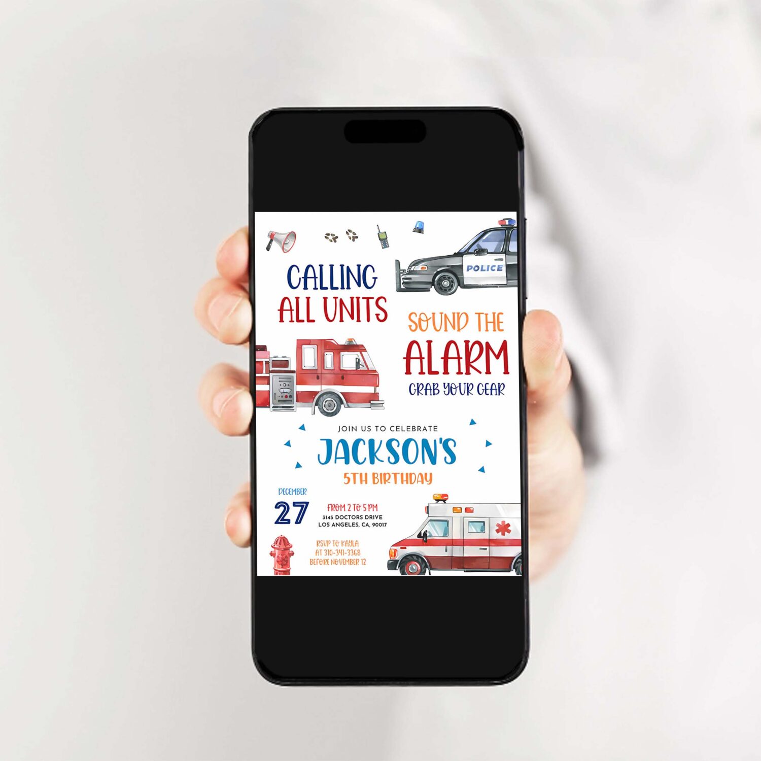 Emergency vehicles birthday invitation editable first responders party police officer firefighter boy invite calling all units 2