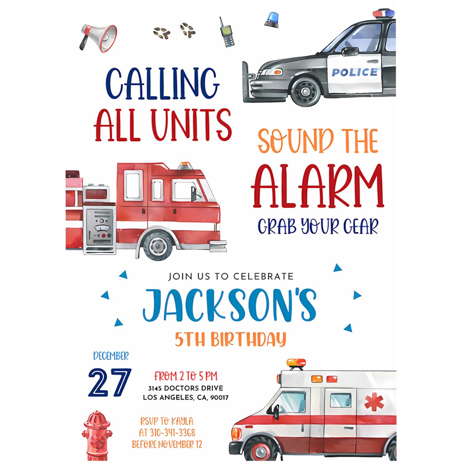 Emergency vehicles birthday invitation editable first responders party police officer firefighter boy invite calling all units 4