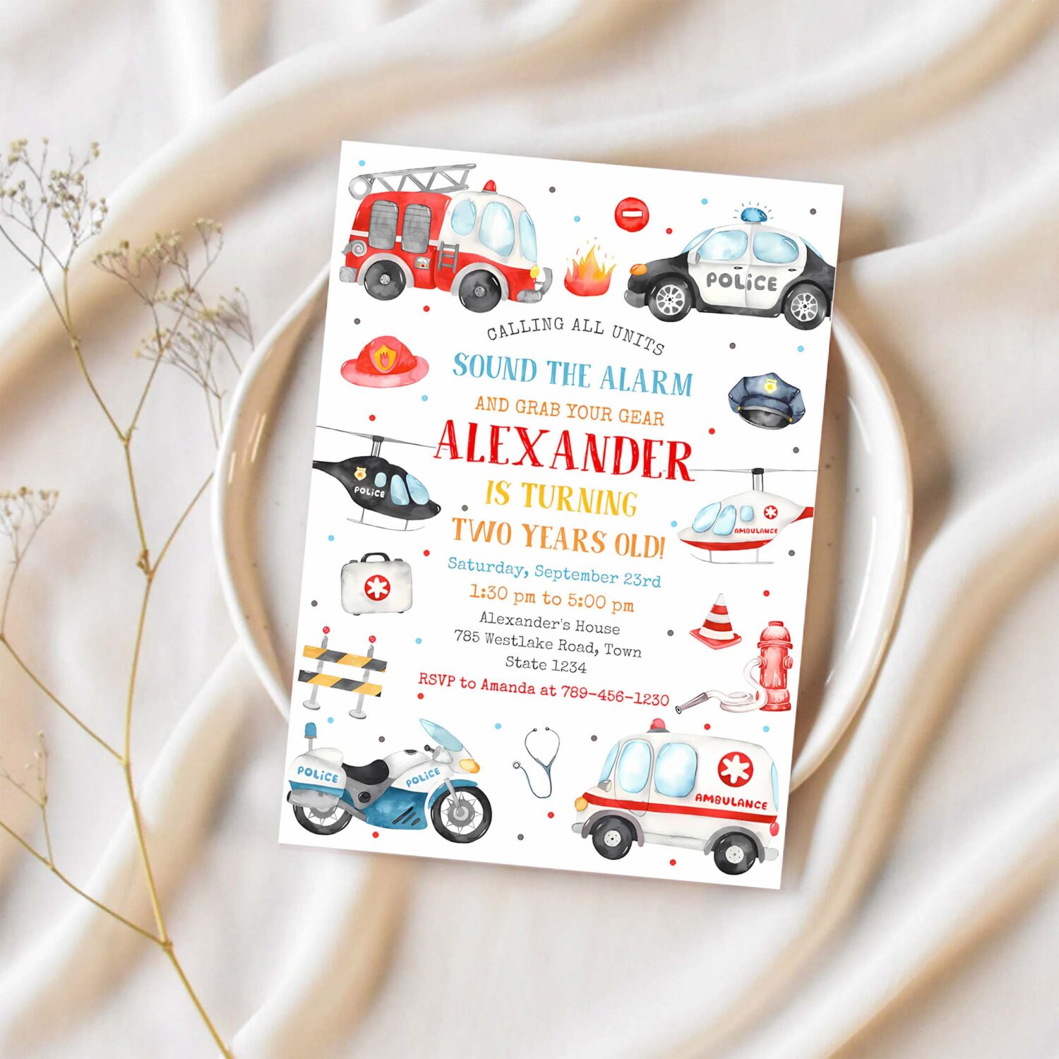 Emergency vehicles birthday invitation first responders invitation emergency vehicles invitation 1