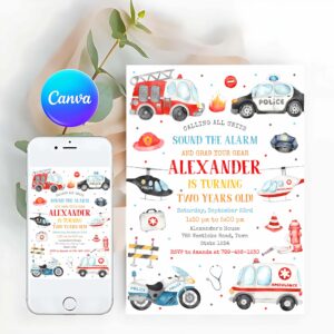 Emergency Vehicles Invitation, Emergency Vehicles Birthday Invitation, First Responders Invitation, Emergency Vehicles Invitation