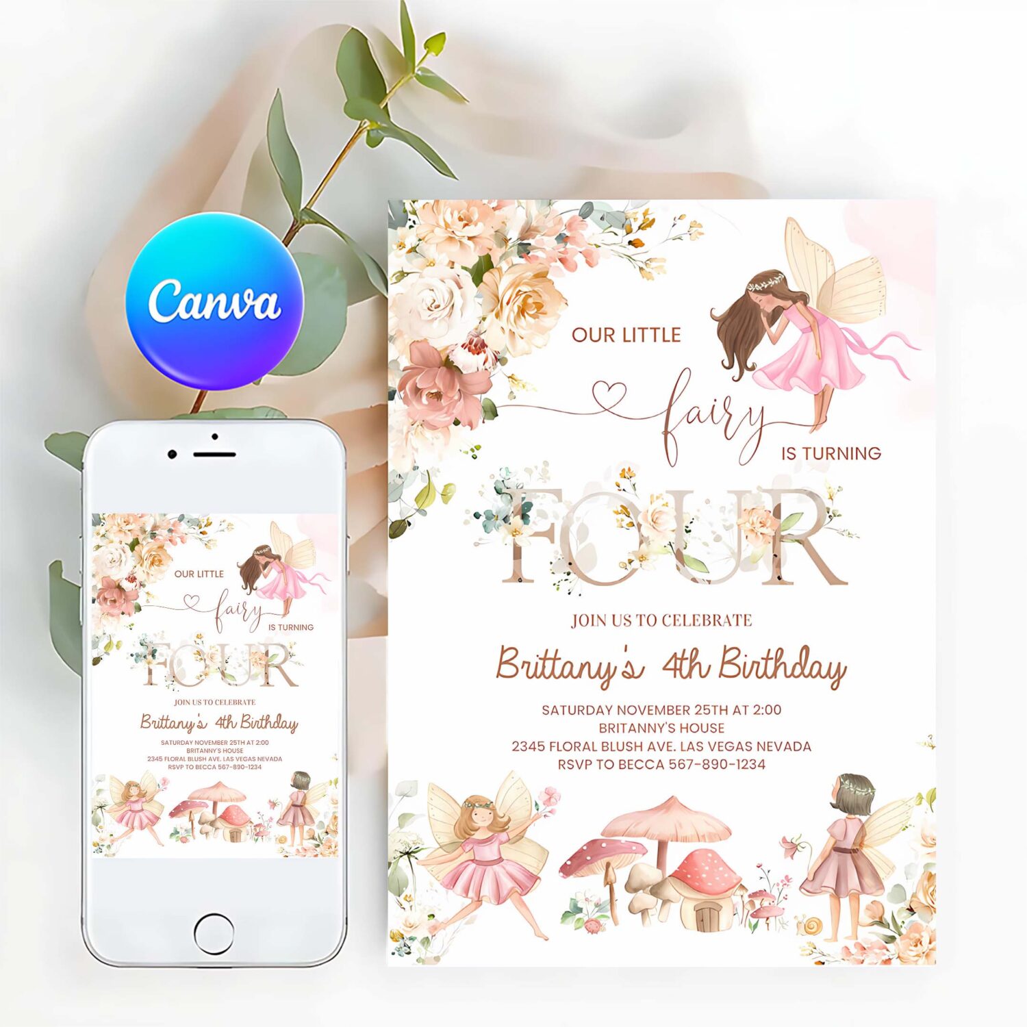 Fairy birthday invitation wildflower garden fairy floral 4th birthday invite butterfly magical