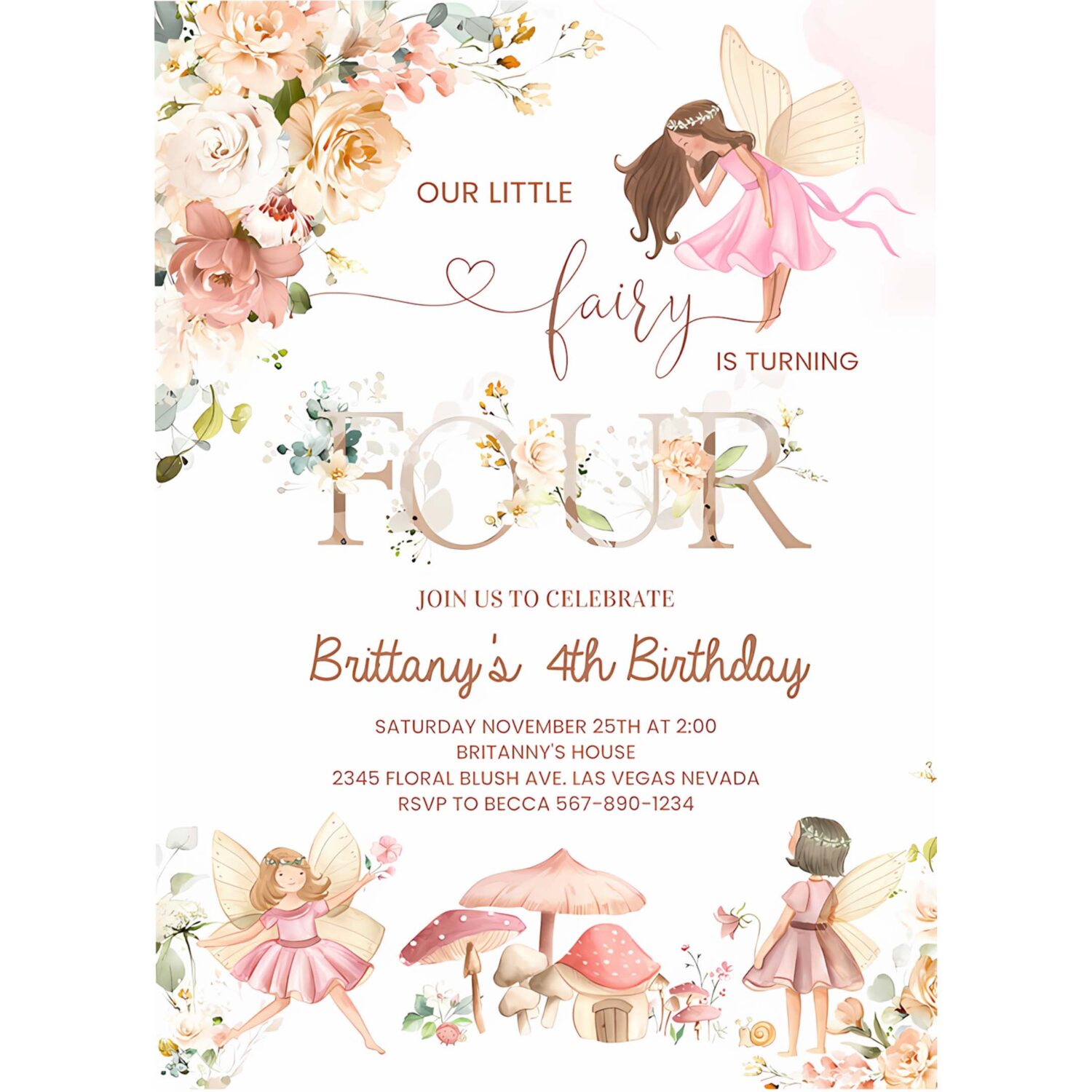 Fairy birthday invitation wildflower garden fairy floral 4th birthday invite butterfly magical 4
