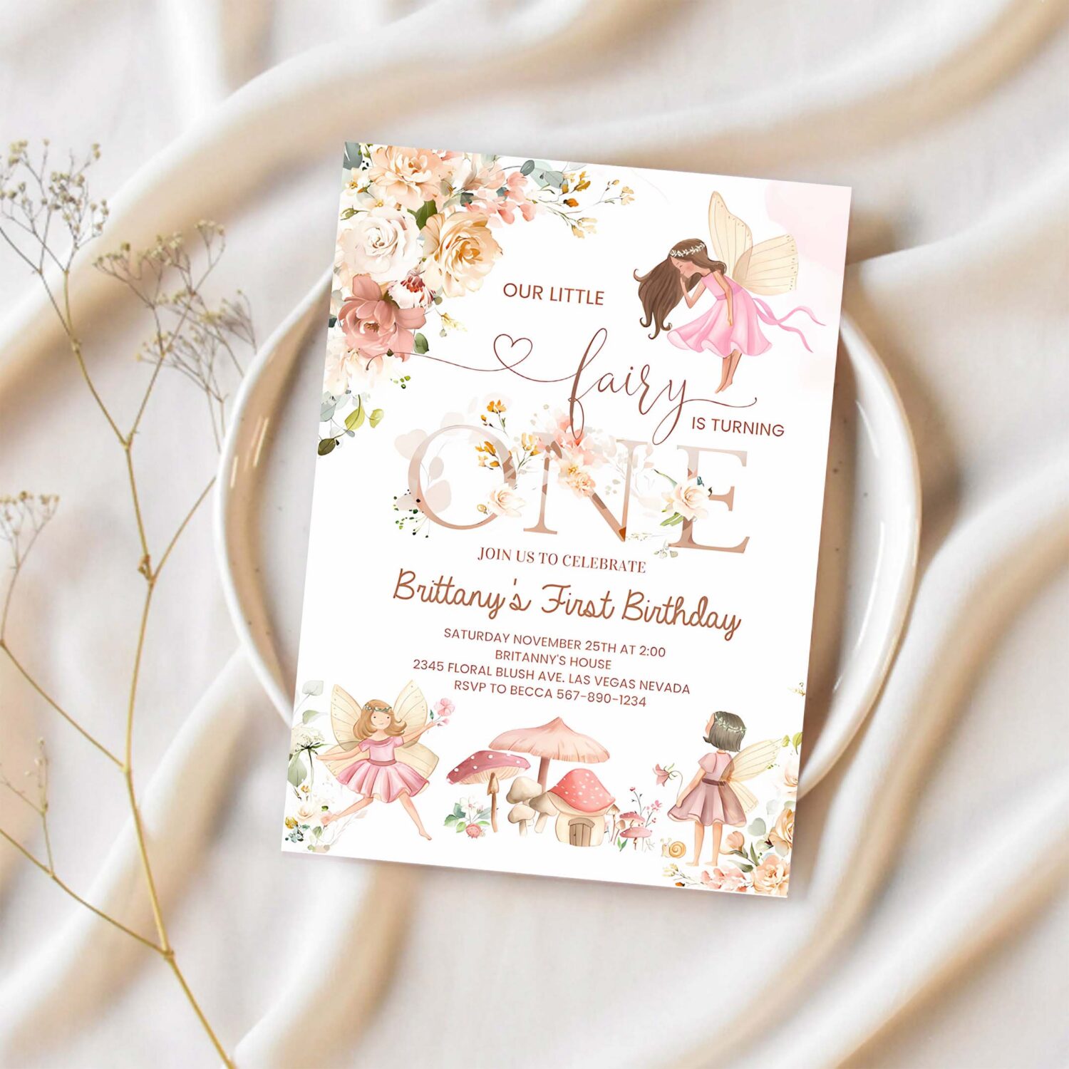 Fairy first birthday invitation wildflower garden fairy floral birthday invite butterfly magical 1