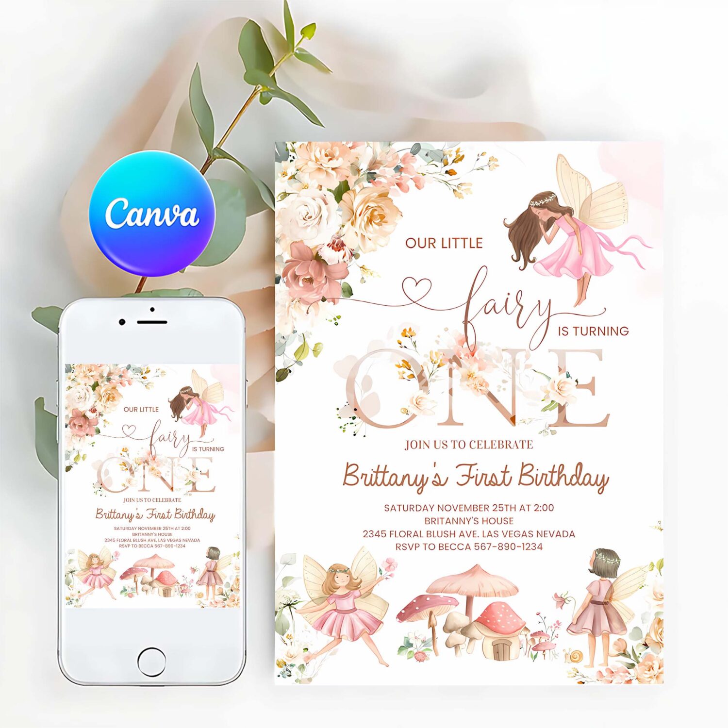 Fairy first birthday invitation wildflower garden fairy floral birthday invite butterfly magical