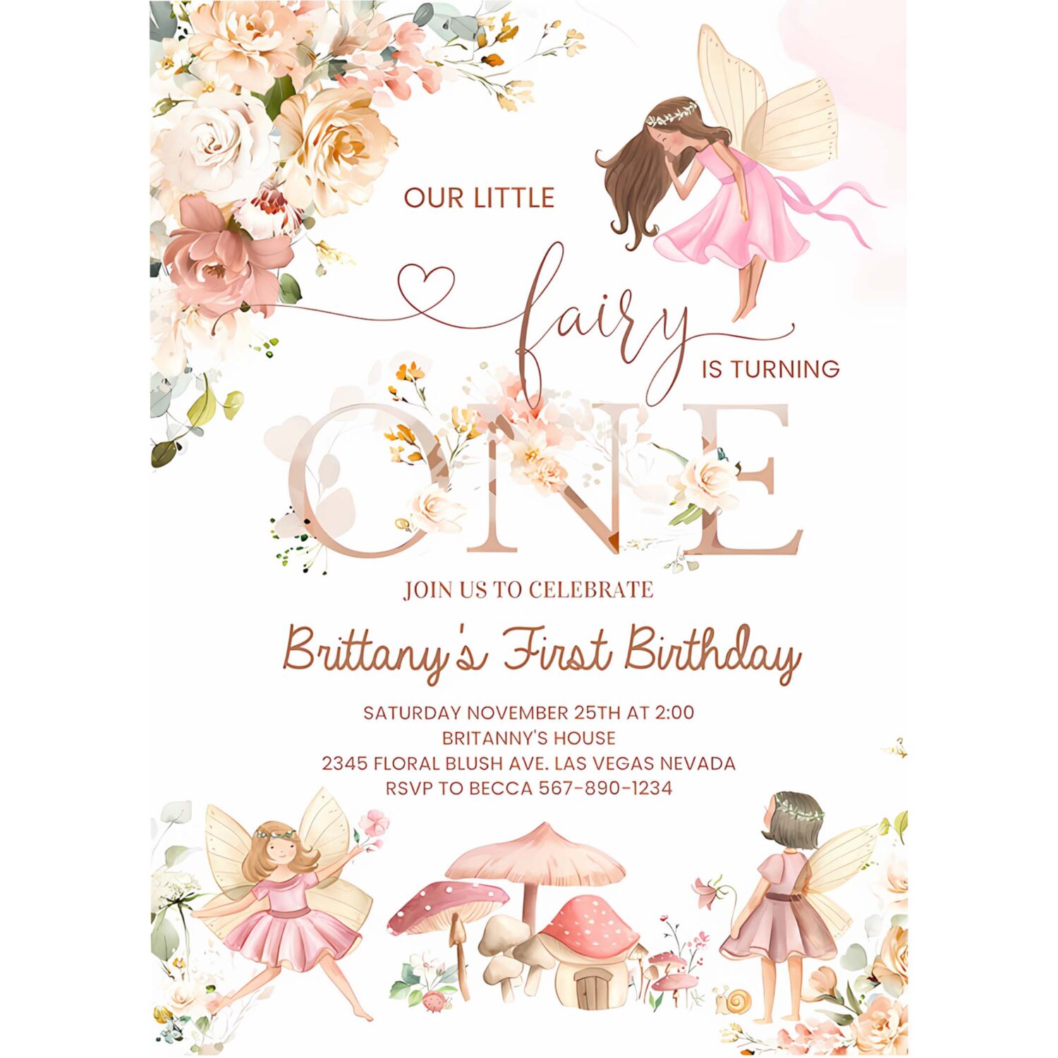 Fairy first birthday invitation wildflower garden fairy floral birthday invite butterfly magical 4