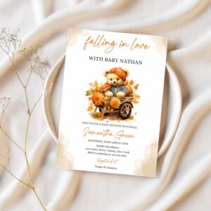 Falling in love bear baby shower invitation bear pumpkin fall baby shower invite 1