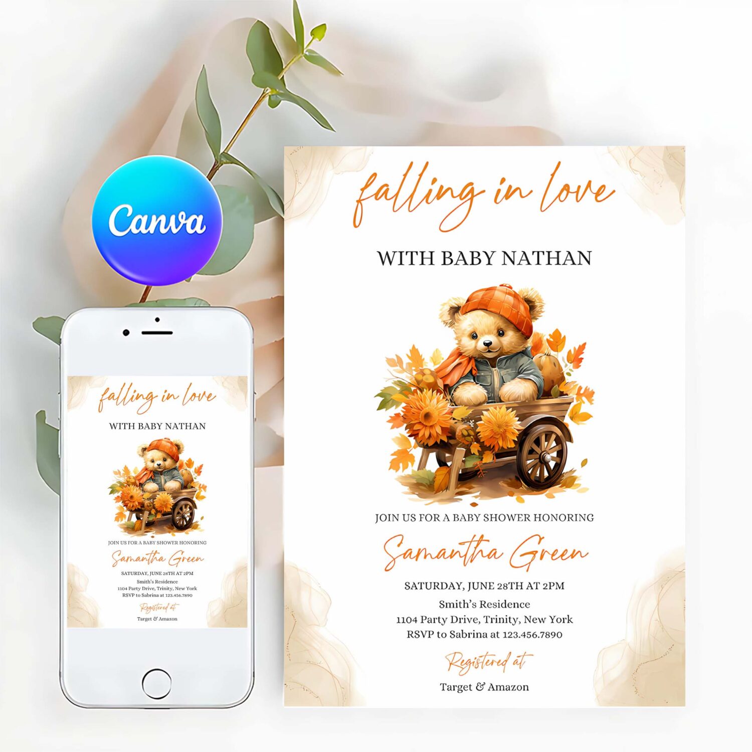 Falling in love bear baby shower invitation bear pumpkin fall baby shower invite