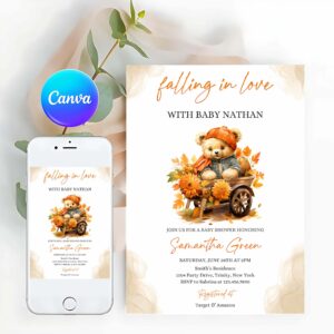 Pumpkin Invitation, Falling in Love Bear Baby Shower Invitation, Bear Pumpkin Fall Baby Shower Invite