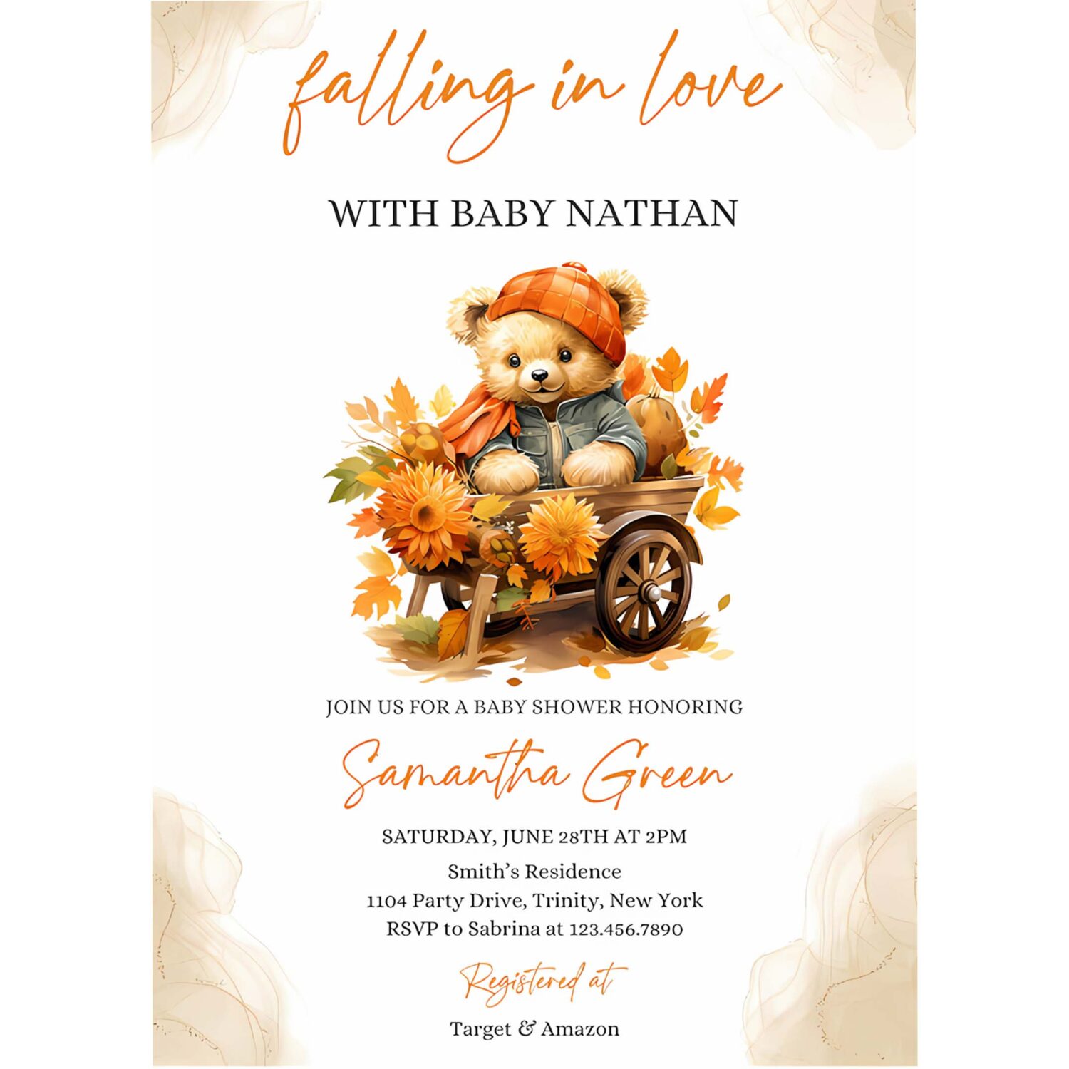 Falling in love bear baby shower invitation bear pumpkin fall baby shower invite 4