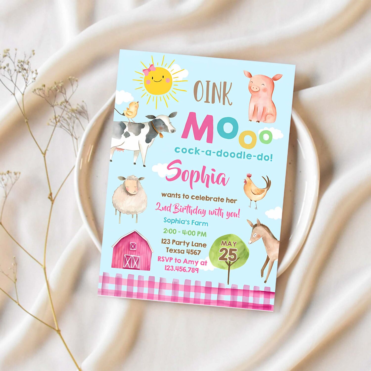 Farm animals birthday invitation girl party animals pink barnyard party barn 1
