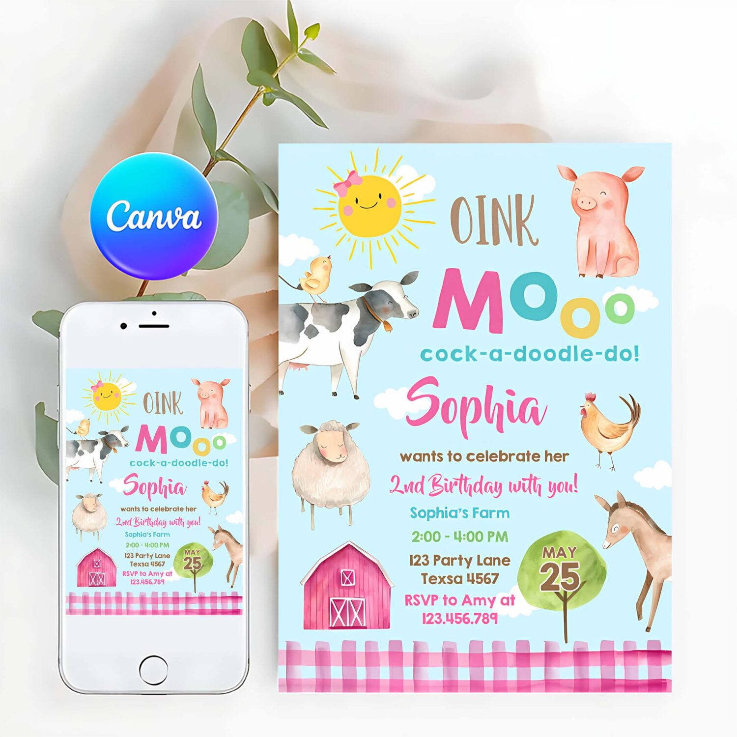 Farm animals birthday invitation girl party animals pink barnyard party barn